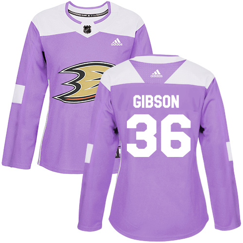 Adidas Ducks #36 John Gibson Purple Authentic Fights Cancer Women's Stitched NHL Jersey